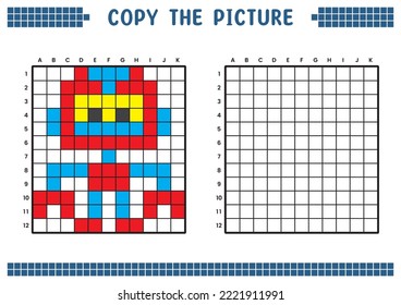 Copy the picture, complete the grid image. Educational worksheets drawing with squares, coloring cell areas. Children's preschool activities. Cartoon vector, pixel art. Mechanical robot illustration.