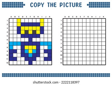 Copy the picture, complete the grid image. Educational worksheets drawing with squares, coloring cell areas. Children's preschool activities. Cartoon vector, pixel art. Future robot illustration.
