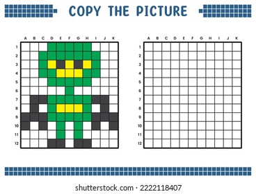 Copy the picture, complete the grid image. Educational worksheets drawing with squares, coloring cell areas. Children's preschool activities. Cartoon vector, pixel art. Ninja robot illustration.