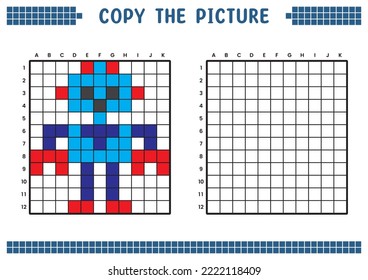 Copy the picture, complete the grid image. Educational worksheets drawing with squares, coloring cell areas. Children's preschool activities. Cartoon vector, pixel art. Humanoid robot illustration.