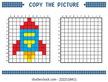 Copy the picture, complete the grid image. Educational worksheets drawing with squares, coloring cell areas. Children's preschool activities. Cartoon vector, pixel art. Space rocket illustration.