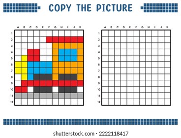 Copy the picture, complete the grid image. Educational worksheets drawing with squares, coloring cell areas. Children's preschool activities. Cartoon vector, pixel art. Train locomotive illustration.