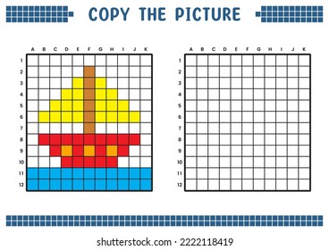 Copy the picture, complete the grid image. Educational worksheets drawing with squares, coloring cell areas. Children's preschool activities. Cartoon vector, pixel art. Sailing ship illustration.