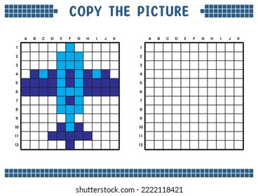 Copy the picture, complete the grid image. Educational worksheets drawing with squares, coloring cell areas. Children's preschool activities. Cartoon vector, pixel art. Airplane illustration.