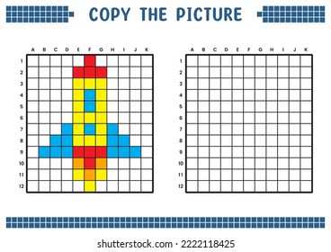 Copy the picture, complete the grid image. Educational worksheets drawing with squares, coloring cell areas. Children's preschool activities. Cartoon vector, pixel art. Space rocket illustration.