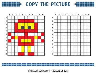 Copy the picture, complete the grid image. Educational worksheets drawing with squares, coloring cell areas. Children's preschool activities. Cartoon vector, pixel art. Iron robot illustration.