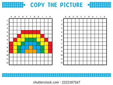 Copy the picture, complete the grid image. Educational worksheets drawing with squares, coloring cell areas. Children's preschool activities. Cartoon vector, pixel art. Rainbow illustration.