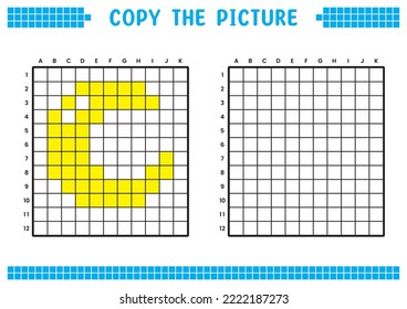 Copy the picture, complete the grid image. Educational worksheets drawing with squares, coloring cell areas. Children's preschool activities. Cartoon vector, pixel art. Crescent moon illustration.
