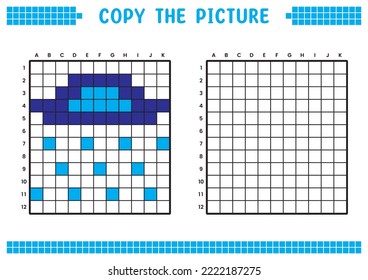 Copy the picture, complete the grid image. Educational worksheets drawing with squares, coloring cell areas. Children's preschool activities. Cartoon vector, pixel art. Clouds and rain illustration.