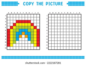 Copy the picture, complete the grid image. Educational worksheets drawing with squares, coloring cell areas. Children's preschool activities. Cartoon vector, pixel art. Rainbow illustration.