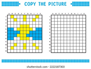 Copy the picture, complete the grid image. Educational worksheets drawing with squares, coloring cell areas. Children's preschool activities. Cartoon vector, pixel art. Cloudy sun illustration.