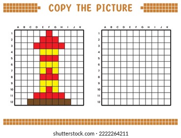 Kopieren Sie das Bild, vervollständigen Sie das Rasterbild. Bildungs-Arbeitsblätter zeichnen mit Quadraten, färben Zellbereiche. Kindervorschulaktivitäten. Cartoon-Vektorgrafik, Pixelkunst. Hochwertige Illustration aus dem Leuchtturm.