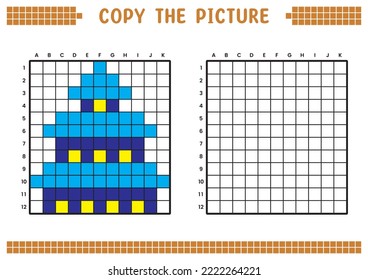 Copy the picture, complete the grid image. Educational worksheets drawing with squares, coloring cell areas. Children's preschool activities. Cartoon vector, pixel art. Temple building illustration.