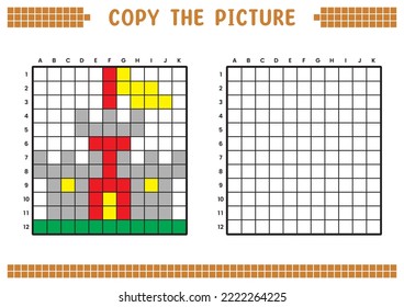 Copy the picture, complete the grid image. Educational worksheets drawing with squares, coloring cell areas. Children's preschool activities. Cartoon vector, pixel art. Sand castle illustration.