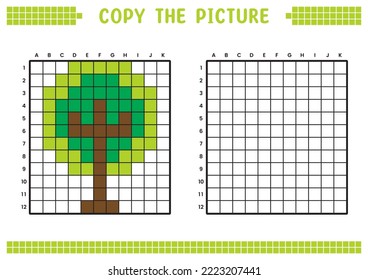 Copy the picture, complete the grid image. Educational worksheets drawing with squares, coloring cell areas. Children's preschool activities. Cartoon vector, pixel art. Green tree illustration.