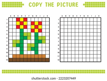 Copy the picture, complete the grid image. Educational worksheets drawing with squares, coloring cell areas. Children's preschool activities. Cartoon vector, pixel art. Flower plant illustration.