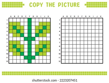 Copy the picture, complete the grid image. Educational worksheets drawing with squares, coloring cell areas. Children's preschool activities. Cartoon vector, pixel art. Leaf vines illustration.