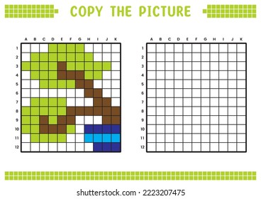 Copy the picture, complete the grid image. Educational worksheets drawing with squares, coloring cell areas. Children's preschool activities. Cartoon vector, pixel art. Bonsai and pot illustration.