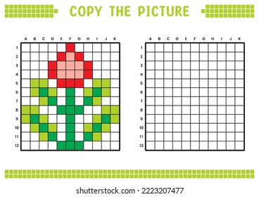 Copy the picture, complete the grid image. Educational worksheets drawing with squares, coloring cell areas. Children's preschool activities. Cartoon vector, pixel art. Flower bud illustration.