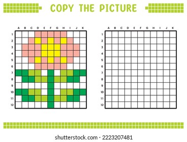 Copy the picture, complete the grid image. Educational worksheets drawing with squares, coloring cell areas. Children's preschool activities. Cartoon vector, pixel art. Flower plant illustration.