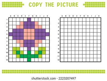 Copy the picture, complete the grid image. Educational worksheets drawing with squares, coloring cell areas. Children's preschool activities. Cartoon vector, pixel art. Flower plant illustration.