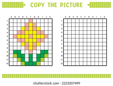 Copy the picture, complete the grid image. Educational worksheets drawing with squares, coloring cell areas. Children's preschool activities. Cartoon vector, pixel art. Flower plant illustration.