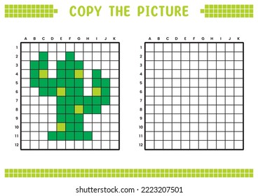 Copy the picture, complete the grid image. Educational worksheets drawing with squares, coloring cell areas. Children's preschool activities. Cartoon vector, pixel art. Cactus plant illustration.