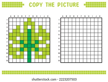 Copy the picture, complete the grid image. Educational worksheets drawing with squares, coloring cell areas. Children's preschool activities. Cartoon vector, pixel art. Plant leaves illustration.