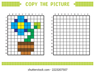Copy the picture, complete the grid image. Educational worksheets drawing with squares, coloring cell areas. Children's preschool activities. Cartoon vector, pixel art. Flowers and pots illustration.