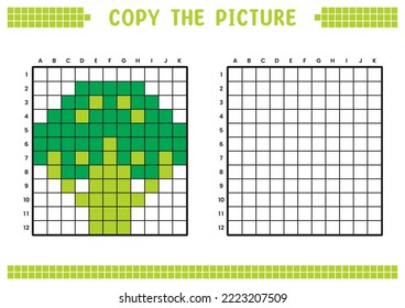 Copy the picture, complete the grid image. Educational worksheets drawing with squares, coloring cell areas. Children's preschool activities. Cartoon vector, pixel art. Broccoli illustration.