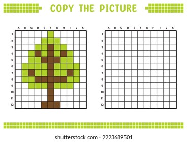 Copy the picture, complete the grid image. Educational worksheets drawing with squares, coloring cell areas. Children's preschool activities. Cartoon vector, pixel art. Tree illustration.