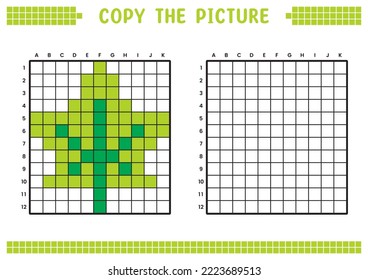 Copy the picture, complete the grid image. Educational worksheets drawing with squares, coloring cell areas. Children's preschool activities. Cartoon vector, pixel art. Leaf illustration.