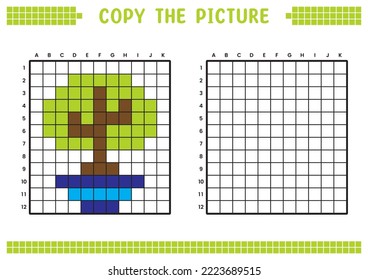 Copy the picture, complete the grid image. Educational worksheets drawing with squares, coloring cell areas. Children's preschool activities. Cartoon vector, pixel art. Plants and pots illustration.