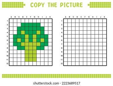 Copy the picture, complete the grid image. Educational worksheets drawing with squares, coloring areas. Children's preschool activities. Cartoon vector, pixel art. Vegetable broccoli illustration.
