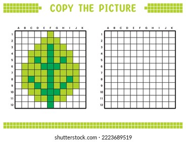 Copy the picture, complete the grid image. Educational worksheets drawing with squares, coloring cell areas. Children's preschool activities. Cartoon vector, pixel art. Leaf illustration.