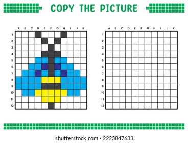 Copy the picture, complete the grid image. Educational worksheets drawing with squares, coloring cell areas. Children's preschool activities. Cartoon vector, pixel art. Honey bee illustration.
