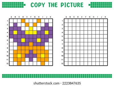 Kopieren Sie das Bild, vervollständigen Sie das Rasterbild. Bildungs-Arbeitsblätter zeichnen mit Quadraten, färben Zellbereiche. Kindervorschulaktivitäten. Cartoon-Vektorgrafik, Pixelkunst. Farbige Mottengrafik.