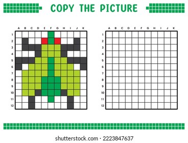 Copy the picture, complete the grid image. Educational worksheets drawing with squares, coloring cell areas. Children's preschool activities. Cartoon vector, pixel art. Green fly illustration.