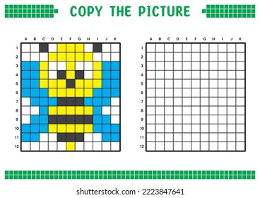Copy the picture, complete the grid image. Educational worksheets drawing with squares, coloring cell areas. Children's preschool activities. Cartoon vector, pixel art. Honey bee illustration.