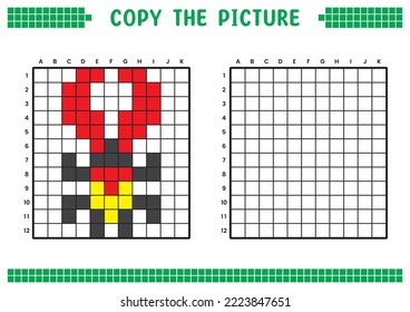 Copy the picture, complete the grid image. Educational worksheets drawing with squares, coloring cell areas. Children's preschool activities. Cartoon vector, pixel art. Red claw beetle illustration.