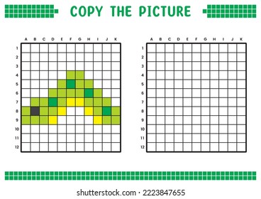 Copy the picture, complete the grid image. Educational worksheets drawing with squares, coloring areas. Children's preschool activities. Cartoon vector, pixel art. Green caterpillar illustration.