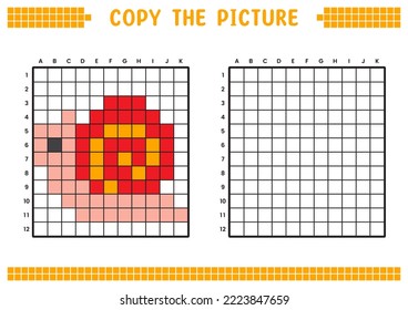 Kopieren Sie das Bild, vervollständigen Sie das Rasterbild. Bildungs-Arbeitsblätter zeichnen mit Quadraten, färben Zellbereiche. Kindervorschulaktivitäten. Cartoon-Vektorgrafik, Pixelkunst. Einzelbild.