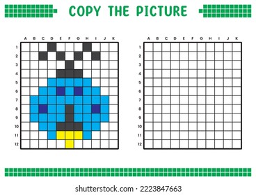 Copy the picture, complete the grid image. Educational worksheets drawing with squares, coloring cell areas. Children's preschool activities. Cartoon vector, pixel art. Insect firefly illustration.