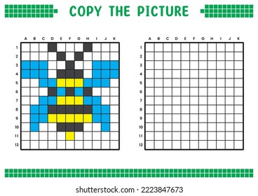Copy the picture, complete the grid image. Educational worksheets drawing with squares, coloring cell areas. Children's preschool activities. Cartoon vector, pixel art. Honey bee illustration.