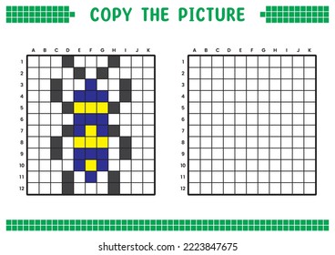 Copy the picture, complete the grid image. Educational worksheets drawing with squares, coloring areas. Children's preschool activities. Cartoon vector, pixel art. Yellow blue beetle illustration.