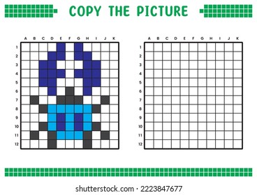 Copy the picture, complete the grid image. Educational worksheets drawing with squares, coloring cell areas. Children's preschool activities. Cartoon vector, pixel art. Claw beetle illustration.