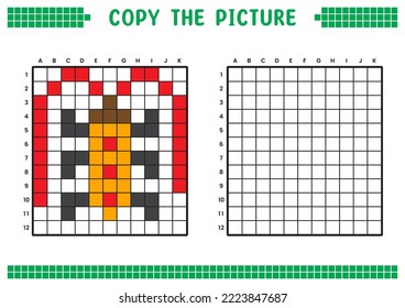 Copia la imagen, completa la imagen de la cuadrícula. Hojas de trabajo educativas dibujando con cuadrados, áreas de color. Actividades preescolares infantiles. Vector de dibujos animados, arte de píxeles. Ilustración de escarabajo de antena larga.