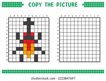 Copy the picture, complete the grid image. Educational worksheets drawing with squares, coloring cell areas. Children's preschool activities. Cartoon vector, pixel art. Horned beetle illustration.