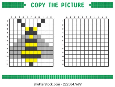 Copy the picture, complete the grid image. Educational worksheets drawing with squares, coloring cell areas. Children's preschool activities. Cartoon vector, pixel art. Honey bee illustration.