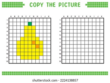 Copy the picture, complete the grid image. Educational worksheets drawing with squares, coloring cell areas. Children's preschool activities. Cartoon vector, pixel art. Yellow pear fruit illustration.